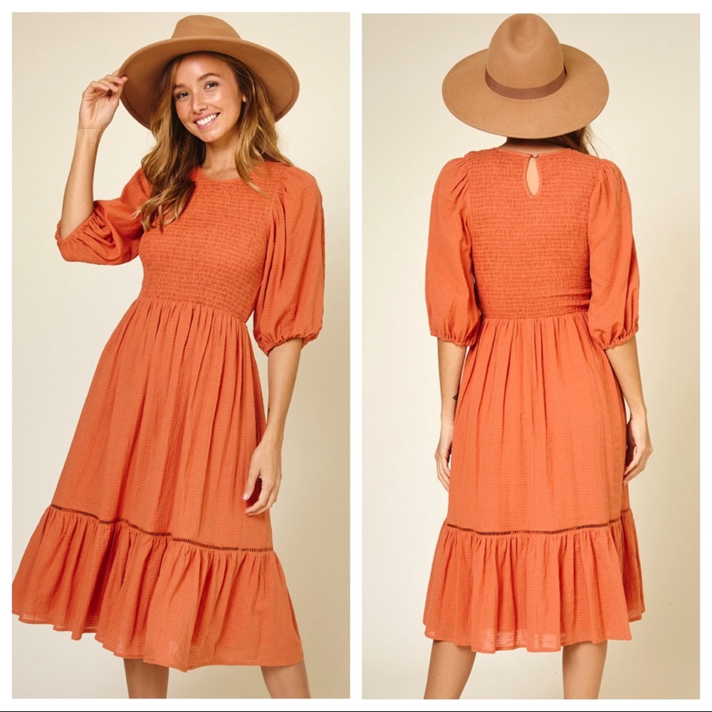 So Pretty Boho Half Puff Sleeve Smocked Front Dress - Picture 3 of 3